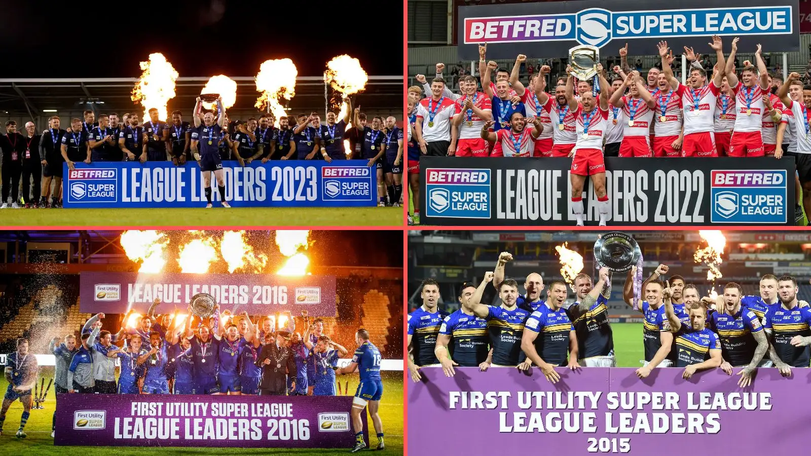 Wigan Warriors (2023), St Helens (2022), Warrington Wolves (2016), Leeds Rhinos (2015) lifting the Super League Leaders' Shield