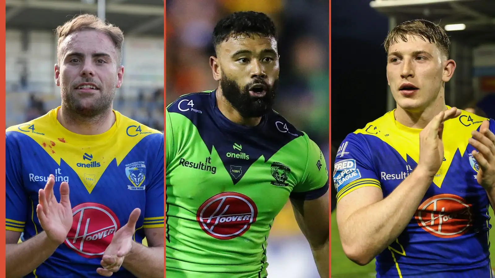 James Harrison, Zane Musgrove, Matty Nicholson Warrington Wolves Alamy