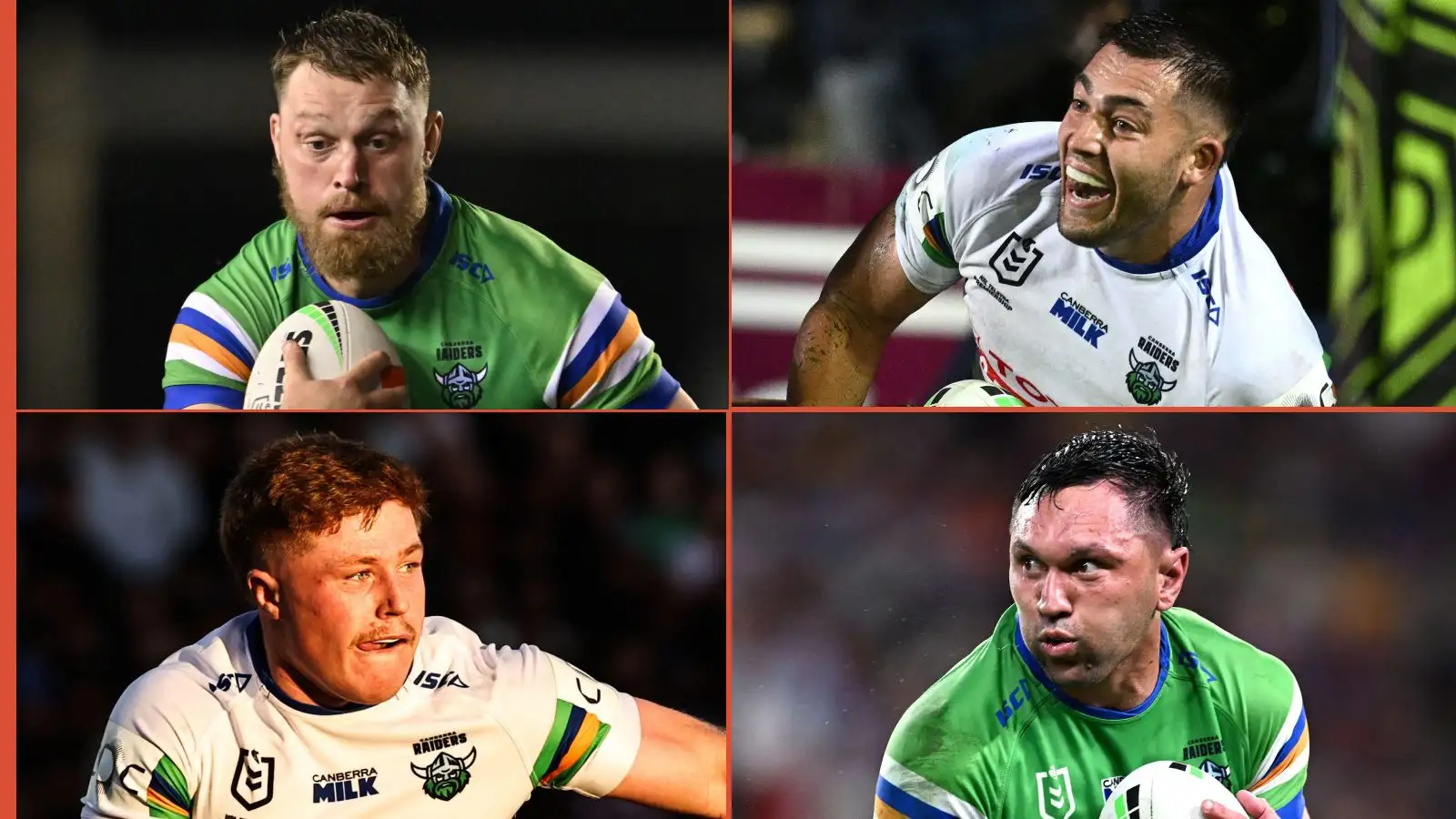 Elliott Whitehead, Nick Cotric, Zac Woolfod, Jordan Rapana Canberra Raiders 2024 Alamy