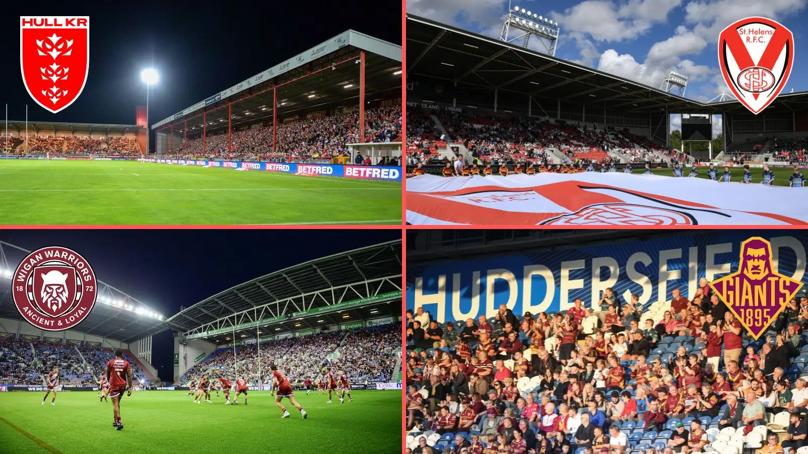 Hull KR badge, Craven Park, St Helens badge, Totally Wicked Stadium, Wigan Warriors badge, The Brick Community Stadium, Huddersfield Giants badge, John Smith's Stadium