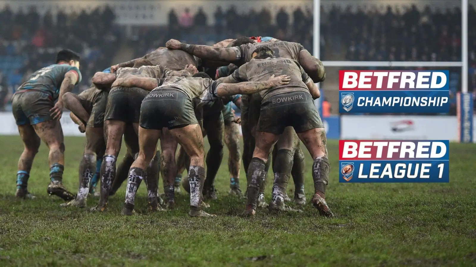 A scrum, RFL Championship logo, RFL League 1 logo