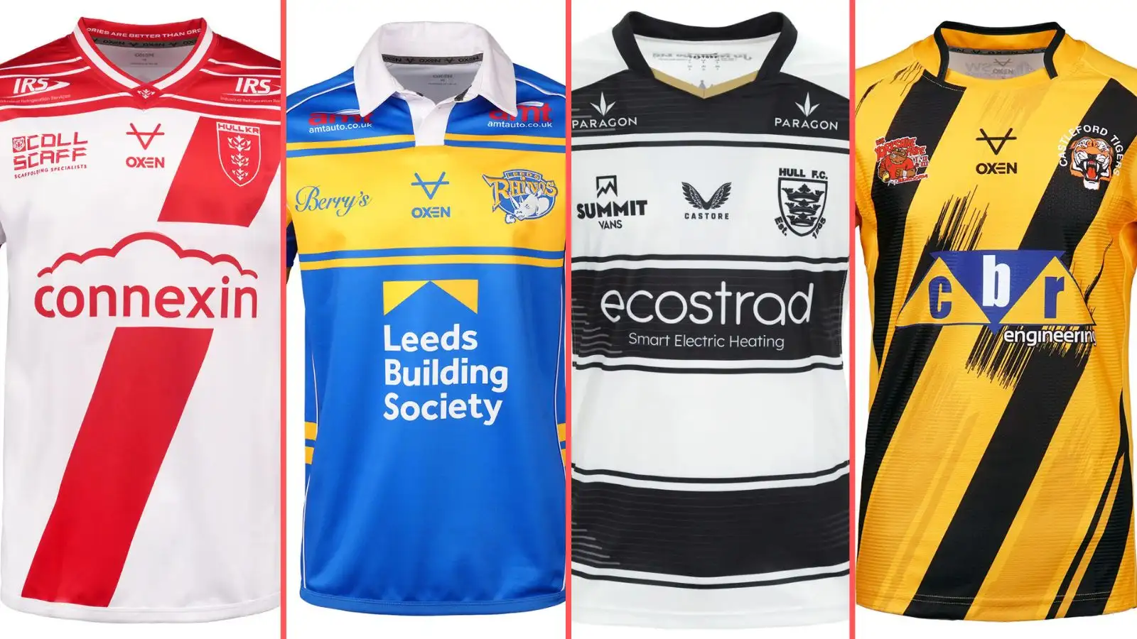 Hull KR, Leeds Rhinos, Hull FC, Castleford Tigers home shirts 2025