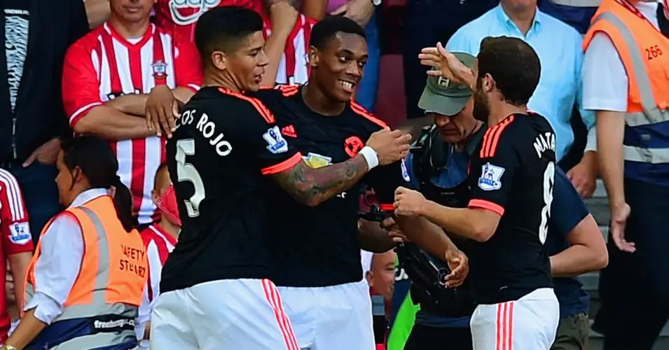 Anthony Martial (c): Celebrates his goal with Marcos Rojo and fellow scorer Juan Mata