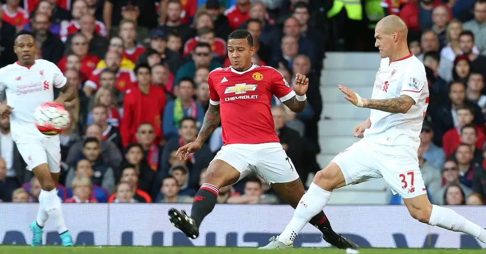 Memphis Depay : In action for Manchester United against Liverpool