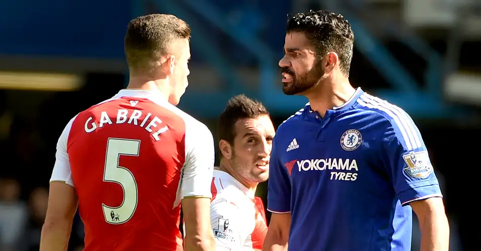 Diego Costa (r): Could face a three-match ban for his clash with Gabriel (l)