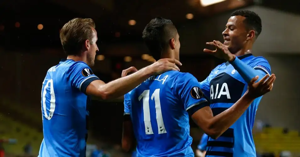Erik Lamela: Celebrates putting Tottenham ahead against Monaco