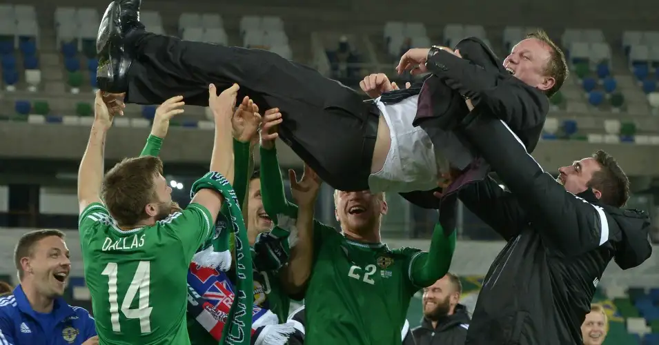 Michael O'Neill: Celebrates after Northern Ireland beat Greece to reach Euro 2016
