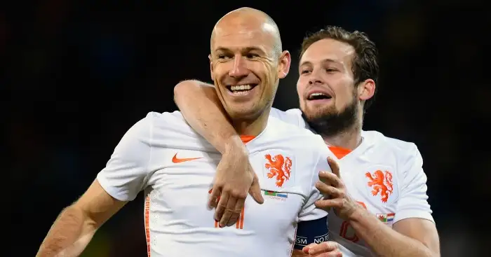 Arjen Robben: Celebrates one of his goals with Daley Blind
