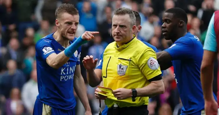Jamie Vardy: Points the finger at referee Jon Moss