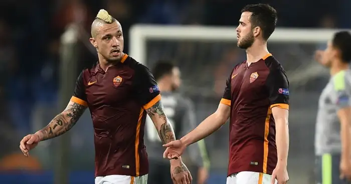 Radja Nainggolan (L) and Miralem Pjanic (R): May have Chelsea moves blocked