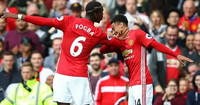 Paul Pogba: Celebrates his goal with Jesse Lingard