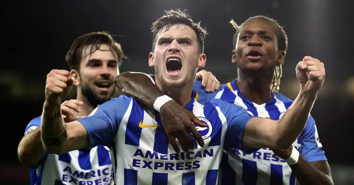 BRIGHTON, ENGLAND - NOVEMBER 20: Pascal Gross of Brighton and Hove Albion celebrates scoring his side's first goal with Davy Propper and Gaetan Bong during the Premier League match between Brighton and Hove Albion and Stoke City at Amex Stadium on November 20, 2017 in Brighton, England. (Photo by Bryn Lennon/Getty Images)