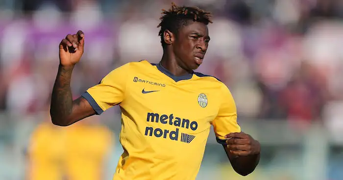 FLORENCE, ITALY - JANUARY 28: Moise Kean of Hellas Verona FC in action during the serie A match between ACF Fiorentina and Hellas Verona FC at Stadio Artemio Franchi on January 28, 2018 in Florence, Italy. (Photo by Gabriele Maltinti/Getty Images)
