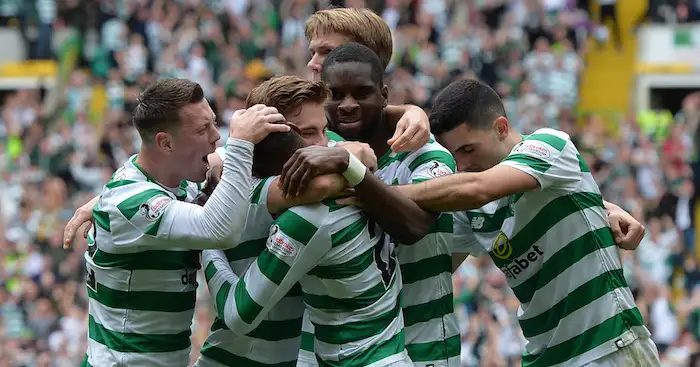 GLASGOW, SCOTLAND - SEPTEMBER 02: Olivier Ntcham of Celtic celebrates with teammates after scoring his team's first goal during the Scottish Premier League match between Celtic and Rangers at Celtic Park Stadium on September 2, 2018 in Glasgow, Scotland. (Photo by Mark Runnacles/Getty Images)
