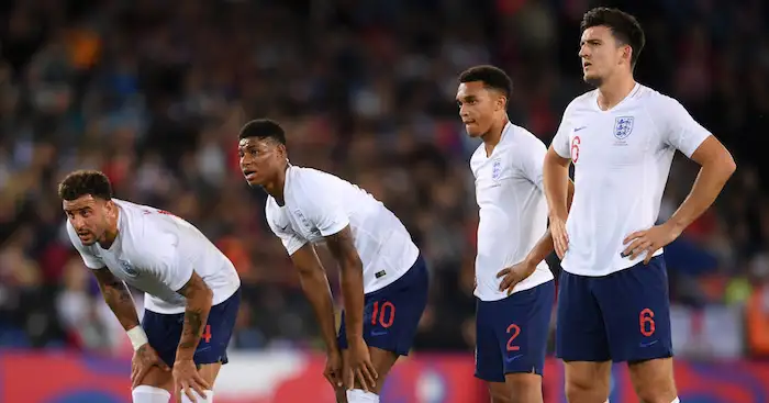 LEICESTER, ENGLAND - SEPTEMBER 11: (L-R) Kyle Walker, Marcus Rashford, Trent Alexander-Arnold and Harry Maguire of England assess a free kick during the international friendly match between England and Switzerland at The King Power Stadium on September 11, 2018 in Leicester, United Kingdom. (Photo by Laurence Griffiths/Getty Images)