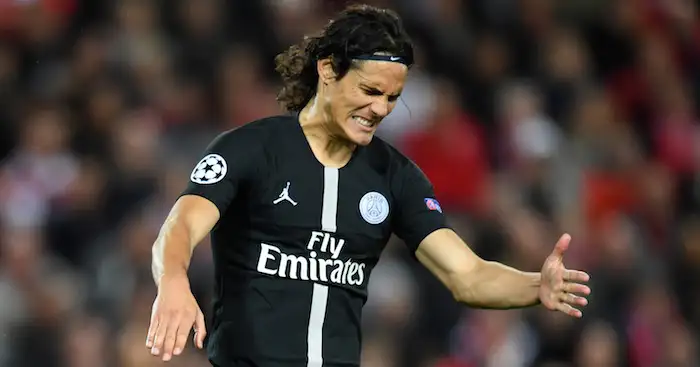 LIVERPOOL, ENGLAND - SEPTEMBER 18: Edinson Cavani of Paris Saint-Germain reacts during the Group C match of the UEFA Champions League between Liverpool and Paris Saint-Germain at Anfield on September 18, 2018 in Liverpool, United Kingdom. (Photo by Michael Regan/Getty Images)