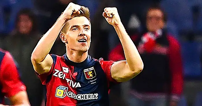 GENOA, ITALY - SEPTEMBER 26: Krzysztof Piatek of Genoa celebrates after scoring 1-0 during the serie A match between Genoa CFC and Chievo Verona at Stadio Luigi Ferraris on September 26, 2018 in Genoa, Italy. (Photo by Paolo Rattini/Getty Images)