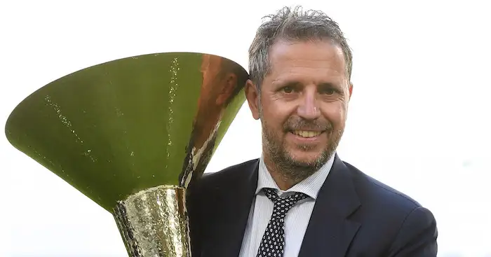 TURIN, ITALY - MAY 21: Fabio Paratici of Juventus FC celebrates with the trophy after the beating FC Crotone 3-0 to win the Serie A Championships at the end of the Serie A match between Juventus FC and FC Crotone at Juventus Stadium on May 21, 2017 in Turin, Italy. (Photo by Valerio Pennicino/Getty Images)