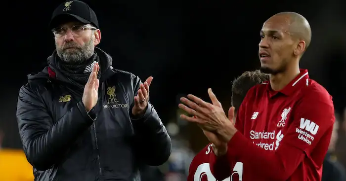 WOLVERHAMPTON, ENGLAND - JANUARY 07: Jurgen Klopp manager of Liverpool and Fabinho of Liverpool applaud after the Emirates FA Cup Third Round match between Wolverhampton Wanderers and Liverpool at Molineux on January 7, 2019 in Wolverhampton, United Kingdom. (Photo by Catherine Ivill/Getty Images)