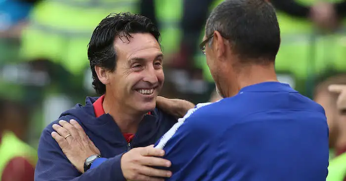 DUBLIN, IRELAND - AUGUST 01: Arsenal manager Unai Emery greets Chelsea manager Maurizio Sarri during the Pre-season friendly International Champions Cup game between Arsenal and Chelsea at Aviva stadium on August 1, 2018 in Dublin, Ireland. (Photo by Charles McQuillan/Getty Images)