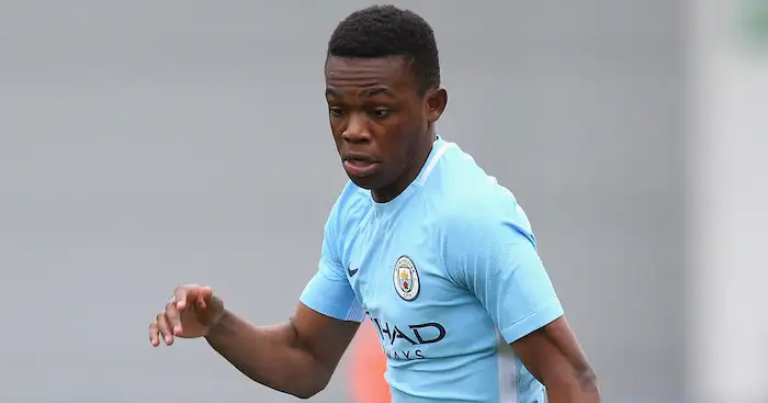 of Manchester City of Liverpool during the UEFA Youth League Quarter-Final match between Manchester City and Liverpool at Manchester City Football Academy on March 14, 2018 in Manchester, England.