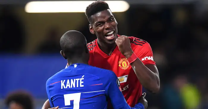 LONDON, ENGLAND - FEBRUARY 18: Paul Pogba of Manchester United jokes with N'golo Kante of Chelsea after the FA Cup Fifth Round match between Chelsea and Manchester United at Stamford Bridge on February 18, 2019 in London, United Kingdom. (Photo by Michael Regan/Getty Images)