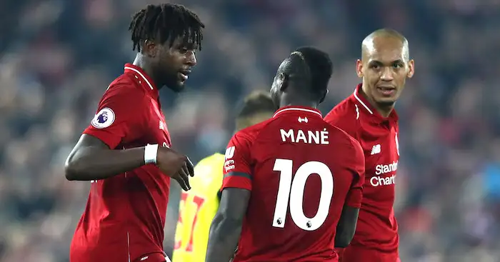 LIVERPOOL, ENGLAND - FEBRUARY 27: Divock Origi of Liverpool celebrates after scoring his team's third goal with Sadio Mane of Liverpool during the Premier League match between Liverpool FC and Watford FC at Anfield on February 27, 2019 in Liverpool, United Kingdom. (Photo by Clive Brunskill/Getty Images)