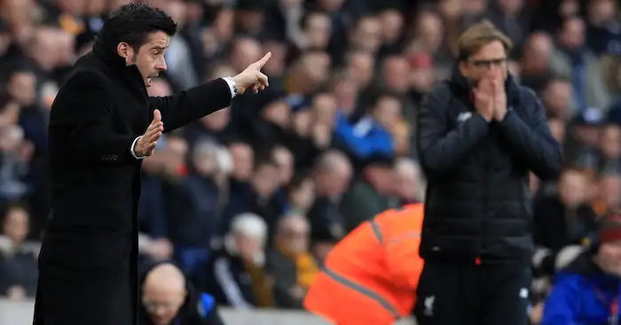 Hull City's Portuguese head coach Marco Silva (L) and Liverpool's German manager Jurgen Klopp gesture on the touchline during the English Premier League football match between Hull City and Liverpool at the KCOM Stadium in Kingston upon Hull, north east England on February 4, 2017. / AFP / Lindsey PARNABY / RESTRICTED TO EDITORIAL USE. No use with unauthorized audio, video, data, fixture lists, club/league logos or 'live' services. Online in-match use limited to 75 images, no video emulation. No use in betting, games or single club/league/player publications. / (Photo credit should read LINDSEY PARNABY/AFP/Getty Images)