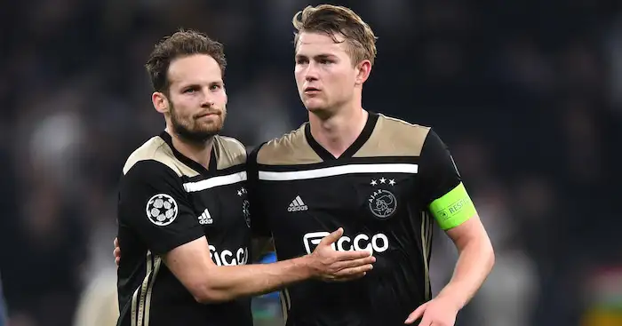 LONDON, ENGLAND - APRIL 30: Daley Blind and Matthijs de Ligt of Ajax celebrate after the UEFA Champions League Semi Final first leg match between Tottenham Hotspur and Ajax at at the Tottenham Hotspur Stadium on April 30, 2019 in London, England. (Photo by Shaun Botterill/Getty Images)