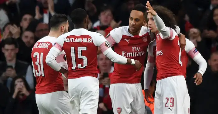 LONDON, ENGLAND - MAY 02: Alexandre Lacazette of Arsenal (obscured) celebrates with his teammates after scoring his team's first goal during the UEFA Europa League Semi Final First Leg match between Arsenal and Valencia at Emirates Stadium on May 02, 2019 in London, England. (Photo by Shaun Botterill/Getty Images)