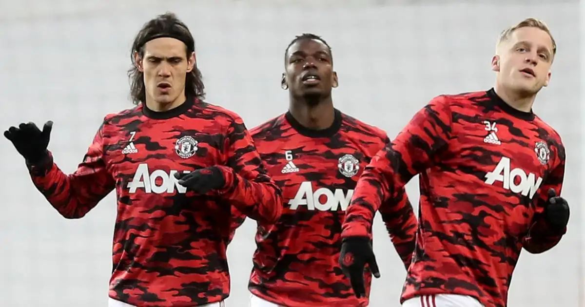 Edinson Cavani, Paul Pogba and Donny Van de Beek of Man Utd