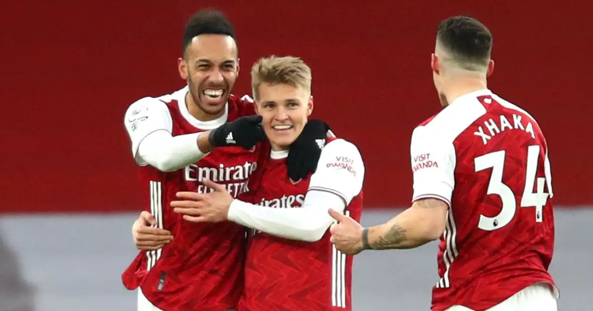 Pierre-Emerick Aubameyang, Martin Odegaard, Granit Xhaka Arsenal celebration TEAMtalk