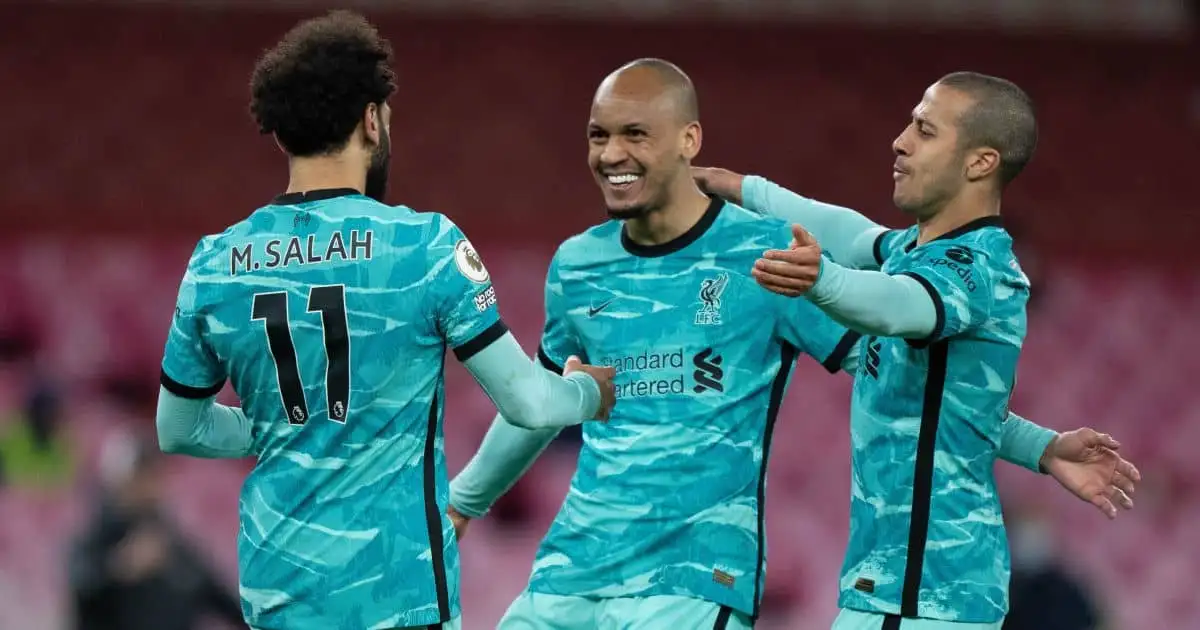 Mohamed Salah, Fabinho, Thiago Alcantara Arsenal v Liverpool April 2021