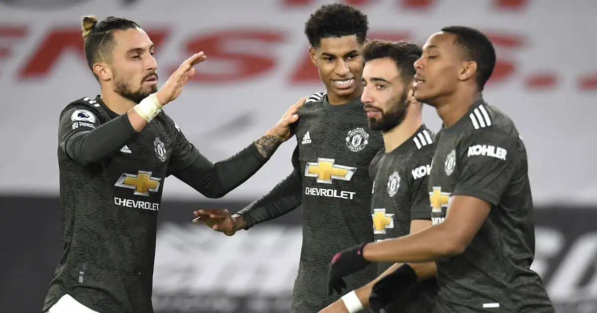 Alex Telles, Marcus Rashford, Bruno Fernandes, Anrthony Martial Man Utd December 2020