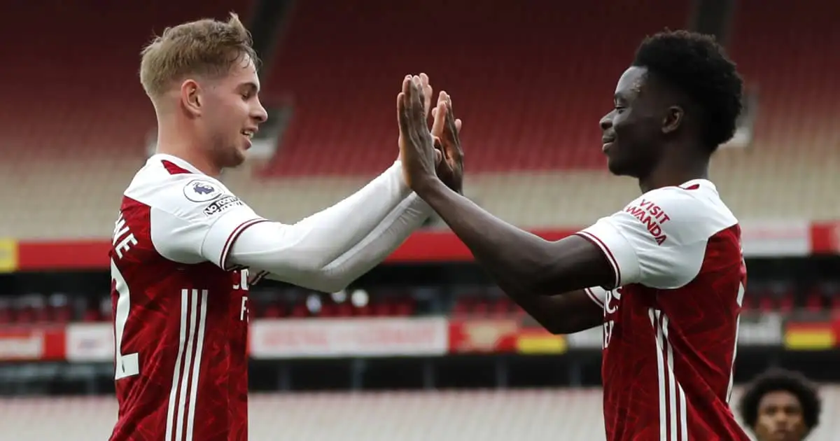 Emile Smith Rowe celebrating with Bukayo Saka, Arsenal