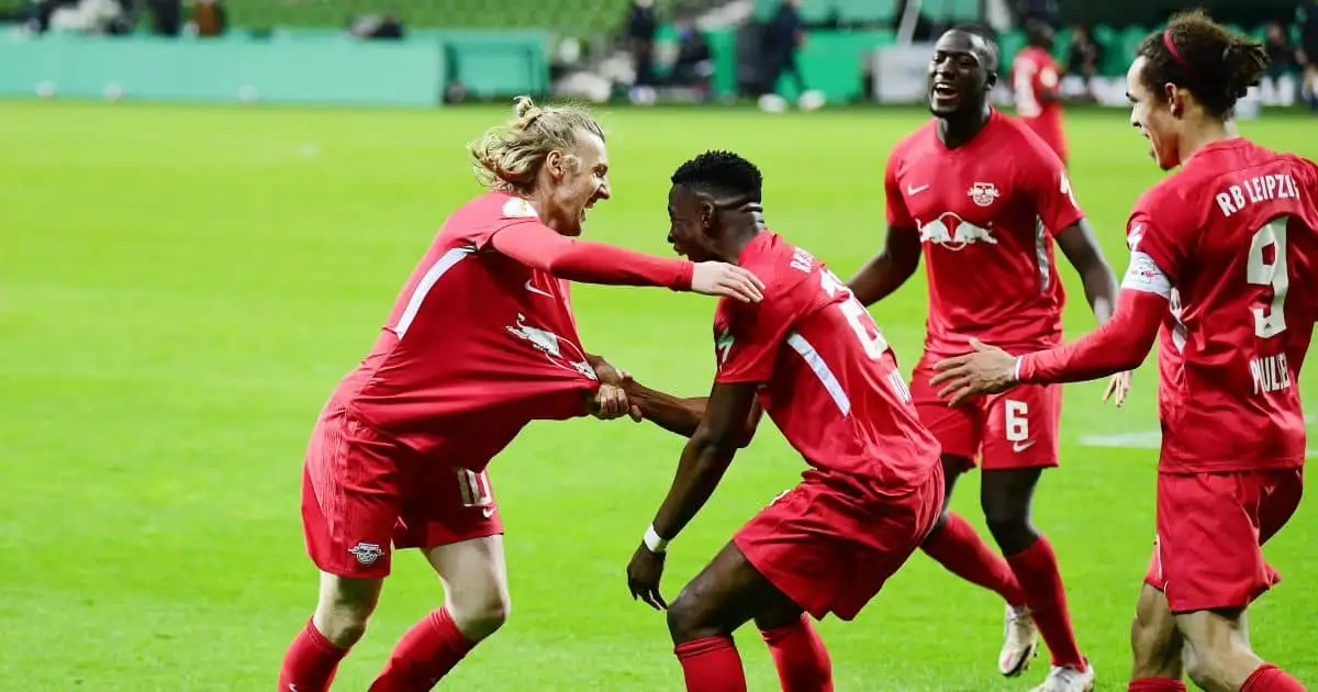 Ibrahima Konate, Emil Forsberg, Nordi Mukiele celebrate Werder Bremen v RB Leipzig April 2021