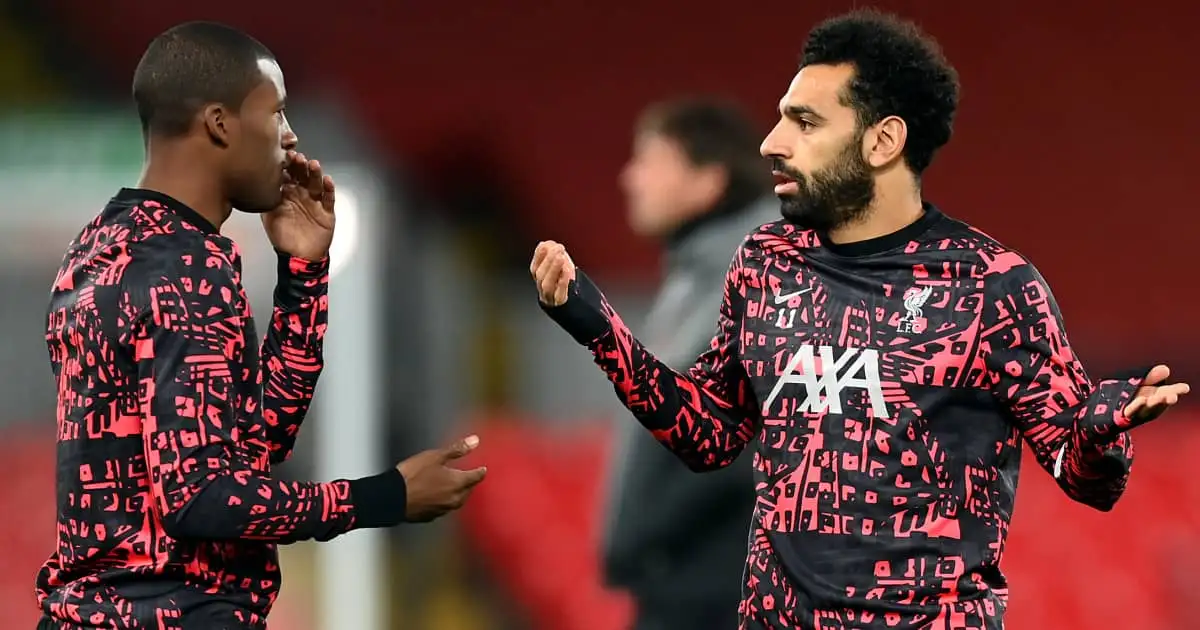 Georginio Wijnaldum and Mohamed Salah in discussion during Liverpool training, October 2020