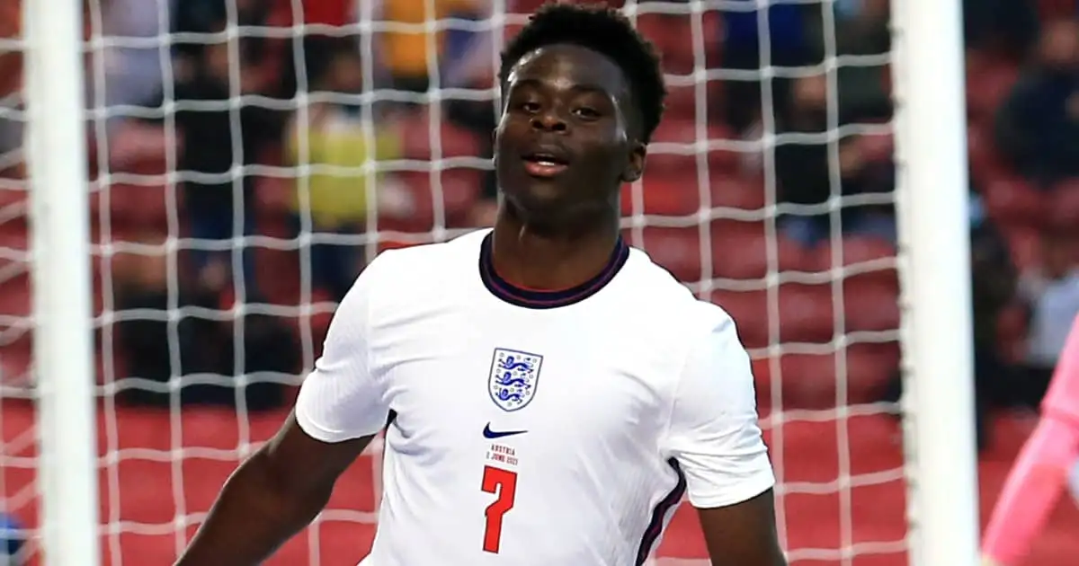 Bukayo Saka celebrating after scoring for England against Austria, June 2021