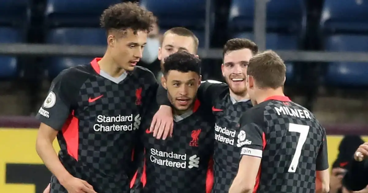 Rhys Williams, Nat Phillips, Alex Oxlade-Chamberlain, Andrew Robertson and JamesMilner celebrating a Liverpool goal, May 2021