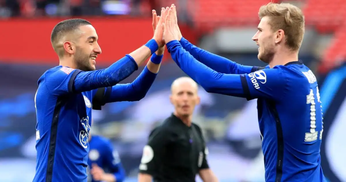 Hakim Ziyech celebrating with Chelsea teammate Timo Werner, FA Cup semi final v Man City, April 2021