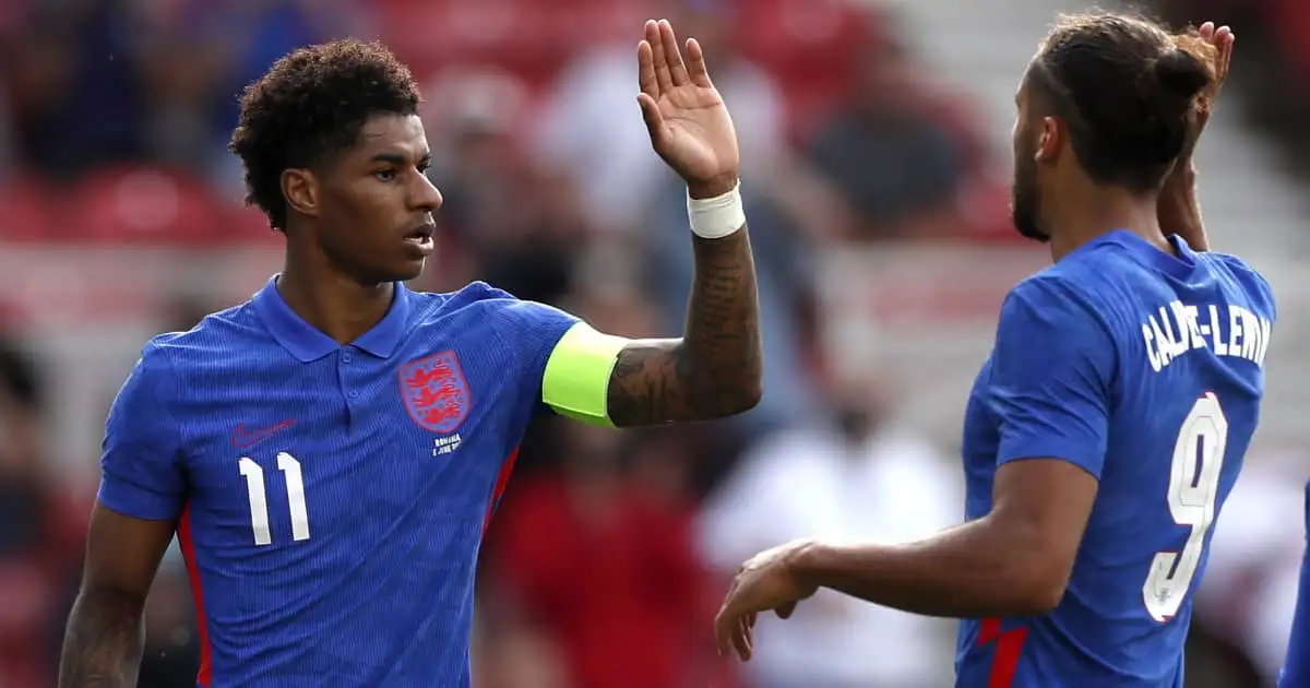 Marcus Rashford celebrating with Dominic Calvert-Lewin, England v Romania, June 2021