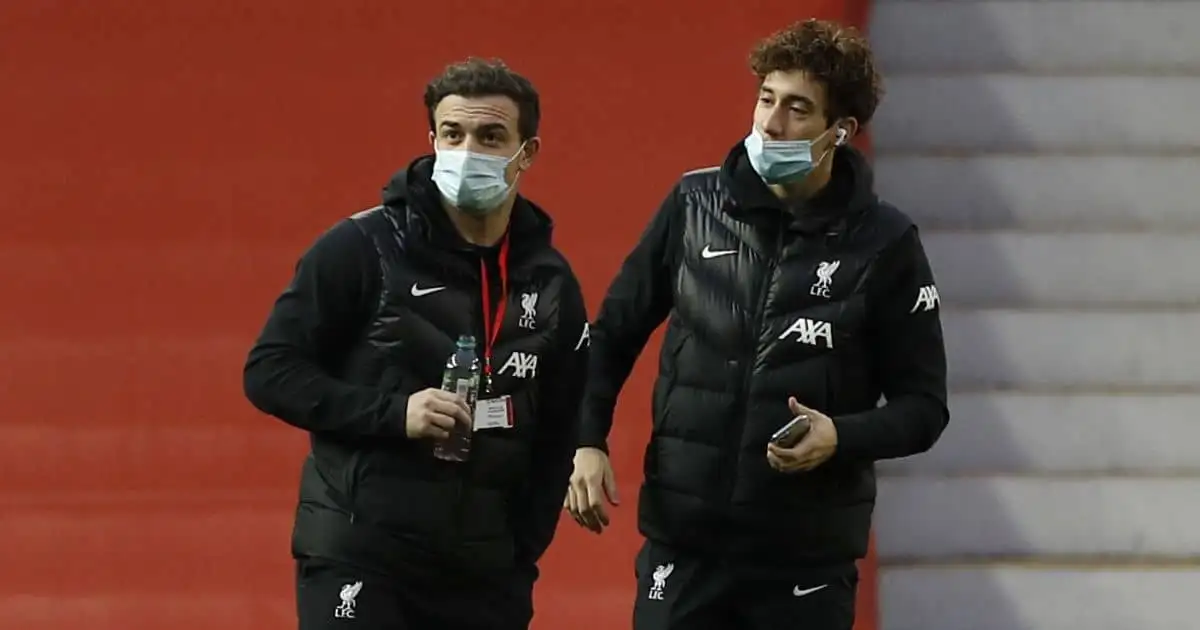 Xherdan Shaqiri, Kostas Tsimikas, Liverpool players look around Old Trafford, 24/01/2021, TEAMtalk