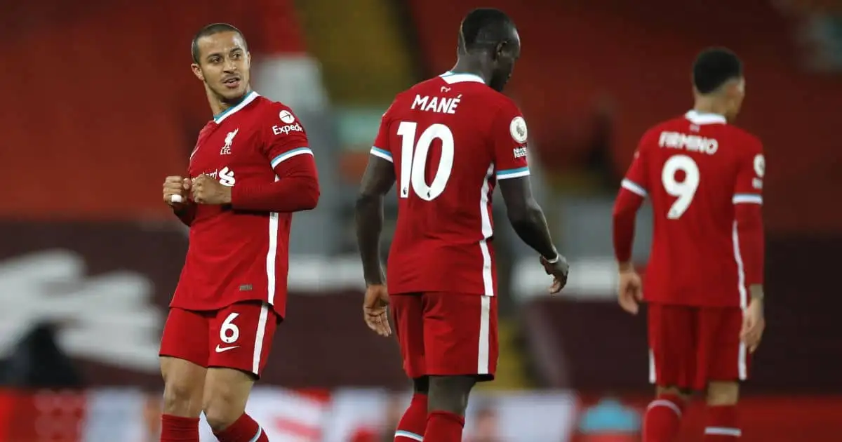 Thiago Alcantara, Sadio Mane and Roberto Firmino of Liverpool