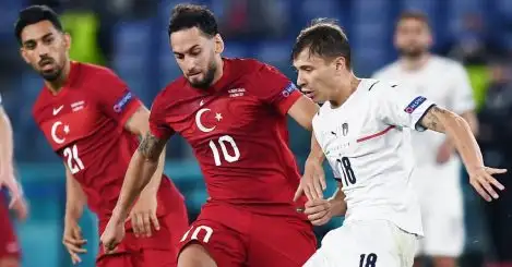 Hakan Calhanoglu tussling with Nicolo Barella, Turkey v Italy, Euro 2020, June 2021