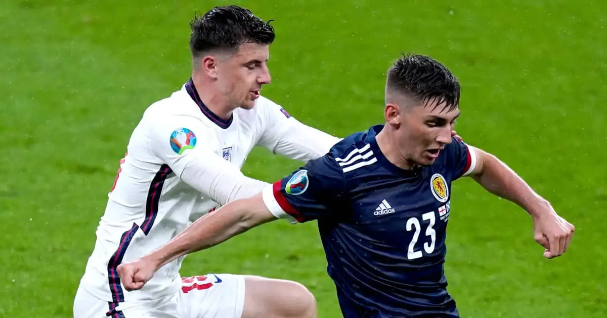 Mason Mount battling Billy Gilmour, England v Scotland, Euro 2020, June 2021