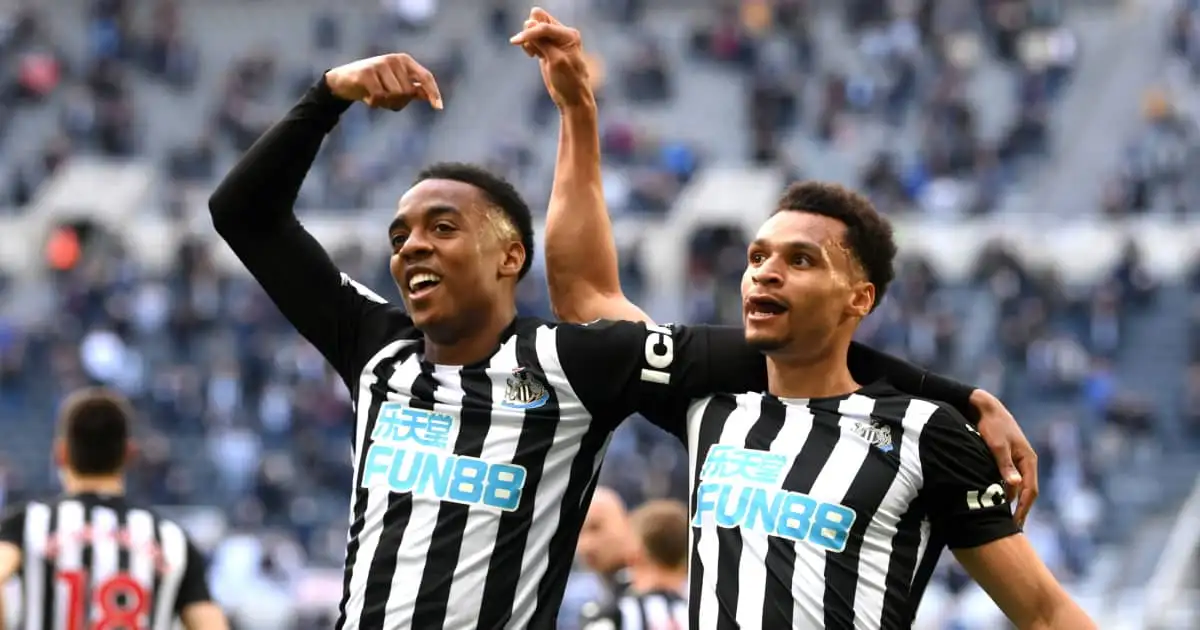 Joe Willock celebrating with Newcastle teammate Jacob Murphy, May 2021