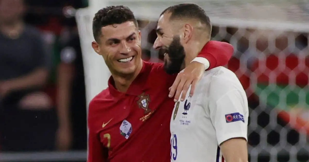 Cristiano Ronaldo embracing Karim Benzema, Portugal v France, Euro 2020
