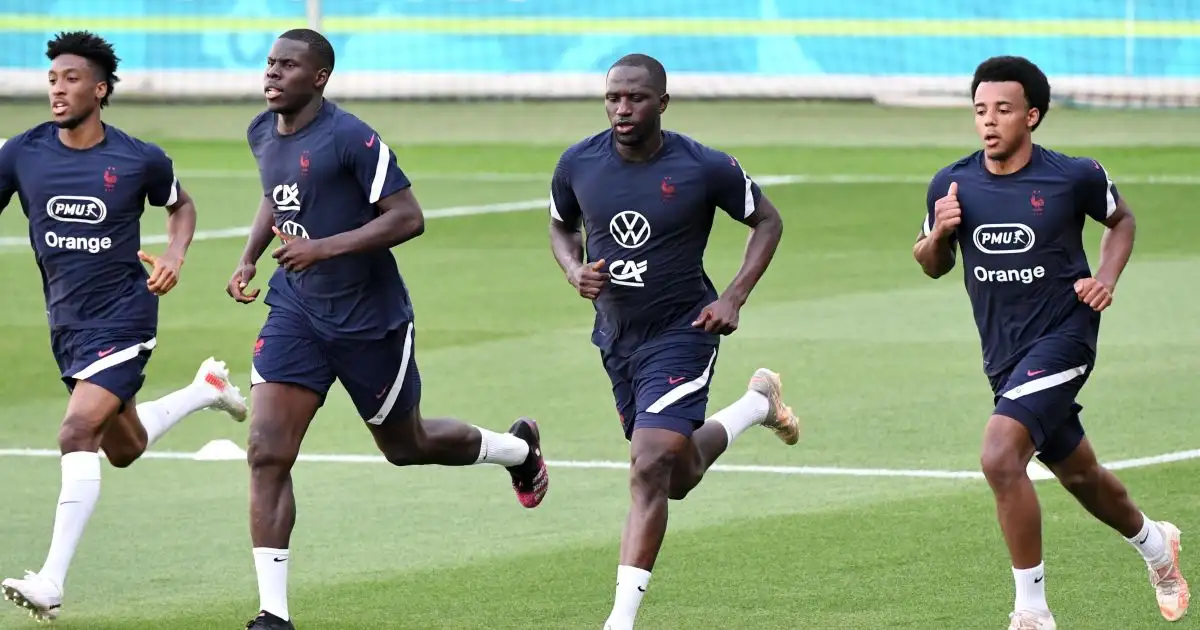 Jules Kounde, Kurt Zouma, Kingsley Coman, Moussa Sissoko France training Euro 2020