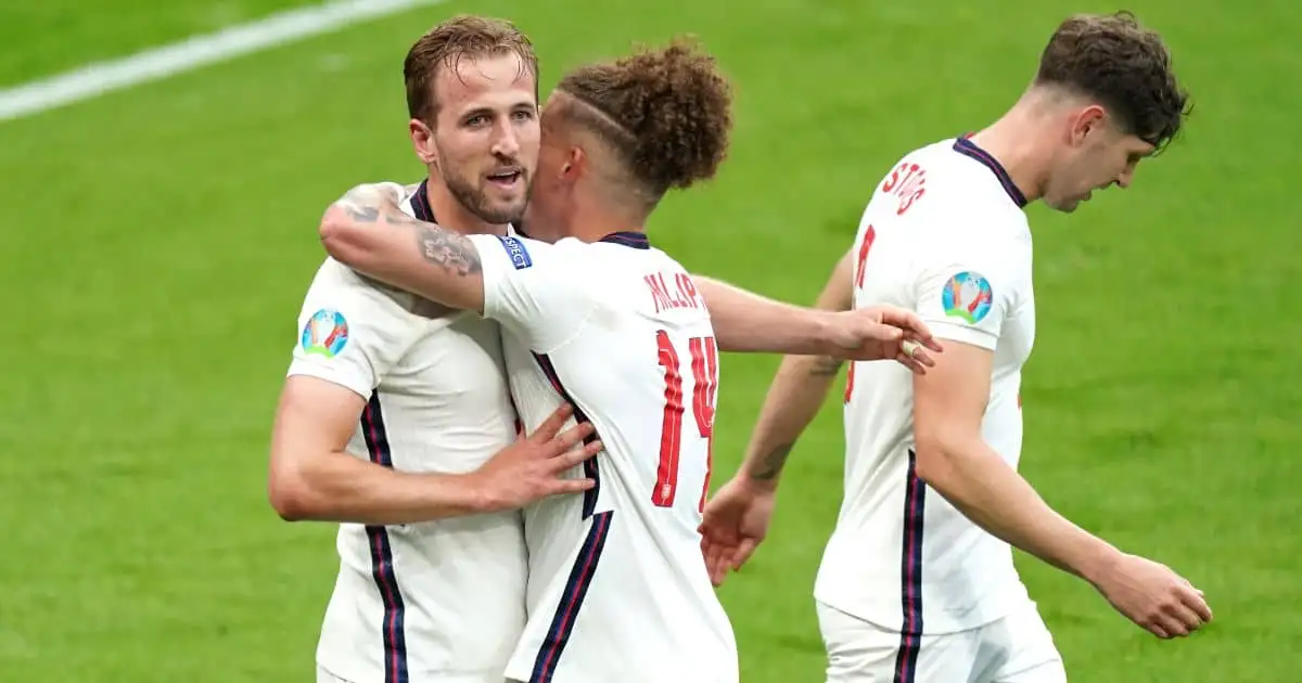 Harry Kane, Kalvin Phillips, John Stones celebrate England v Germany Euro 2020