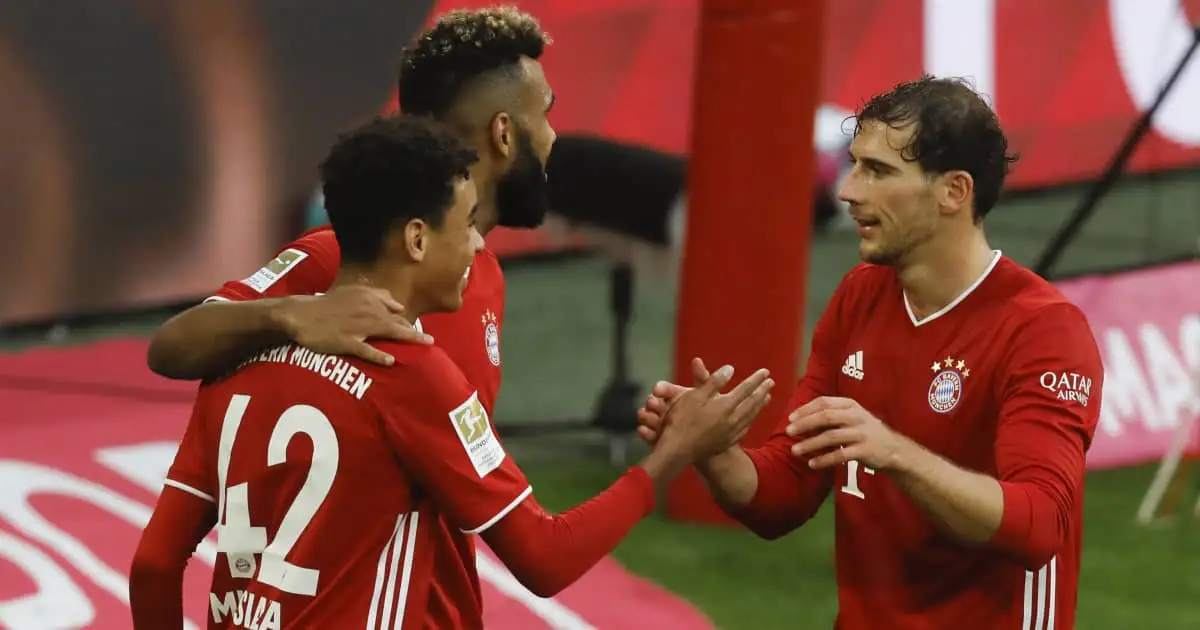 Jamal Musiala celebrating with Leon Goretzka, Bayern Munich